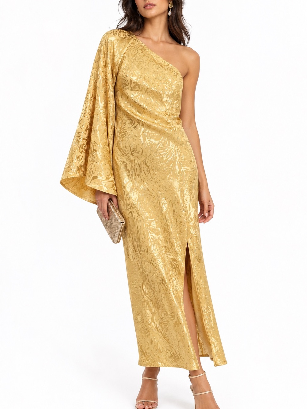 NWT H&M Gold Metallic Jacquard One Shoulder Open Back Maxi Dress M Y2K Glam